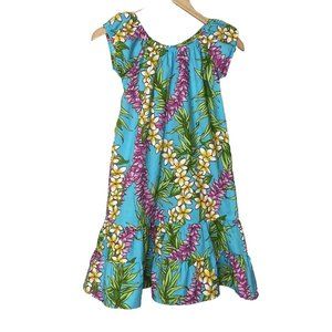 E&K Hawaiian Dress Girls Maxi Peasant Floral Multicolored Size 9-10 Made In USA